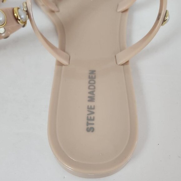 Steve Madden Women's Beige Strappy Flat Sandals Pearl Accents Open Toes, sz 8 - Picture 6 of 8
